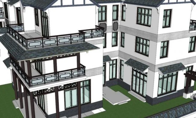 Sketchup villa model | Huizhou style duplex villa, modern Chinese style