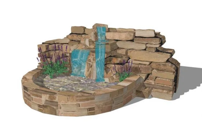 SketchUp Landscape Model Featuring Rockery, Sculptures, Waterfalls, and Modern Stone Materials