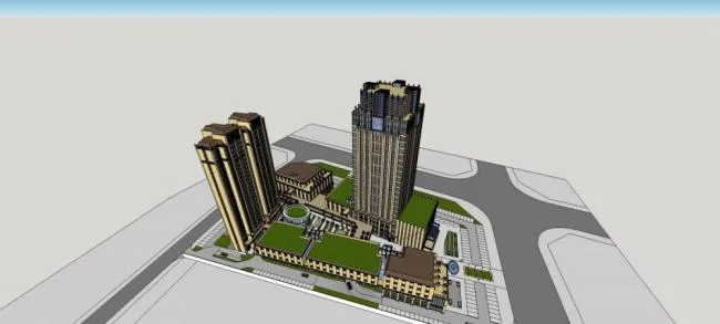 Sketchup Complex Model | Commercial Complex, High rise Hotel Office, Apartment, Bank, Multi story Commercial Skirt, Residential Building, Neoclassical Style