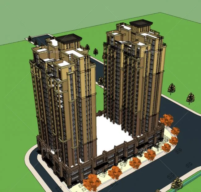 Sketchup Residential Model | High rise residential building, classical style, ground floor commercial
