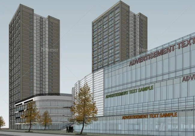Sketchup Business Model | Multi story mixed office building, commercial street, podium, modern style