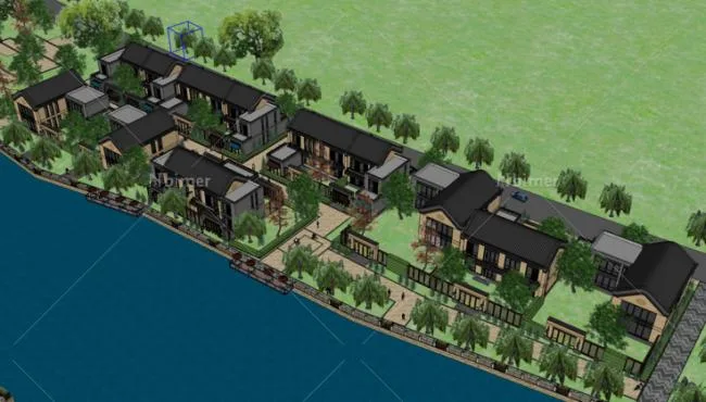 Sketchup Business Model | Multi story Commercial Street, Waterfront, Chinese Style, Ancient Architecture