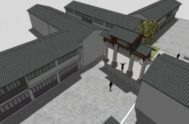 SketchUp Business Model: Multi-Storey Commercial Street with Chinese-Style Memorial Archway-BIM WORLD