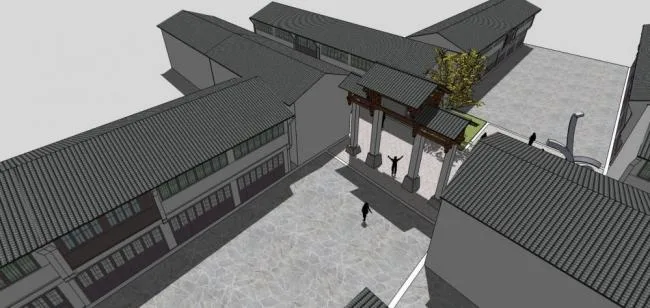 SketchUp Business Model: Multi-Storey Commercial Street with Chinese-Style Memorial Archway