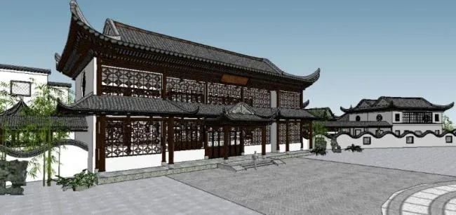 Sketchup Hotel Model | Multi-story Huizhou style hotel, Chinese style