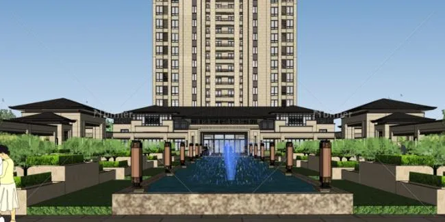 Sketchup Business Model | Multi story Sales Office Clubhouse, Ground Floor, Landscape Garden, Neoclassical Style