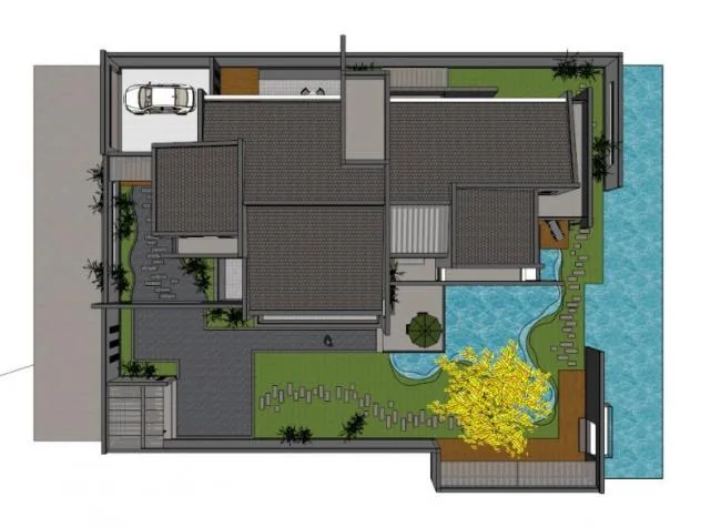 Sketchup Villa Model | Single family villa, white walls and gray tiles, exterior walls enclosed, modern Chinese style