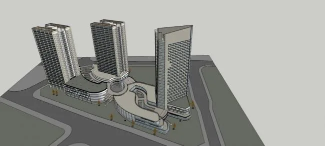 Sketchup Complex Model | High rise commercial complex, modern style, hotel office, commercial podium