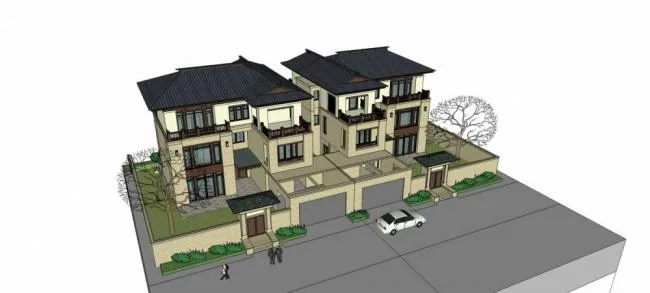 Sketchup Villa Model | Double Split Villa, New Chinese Style