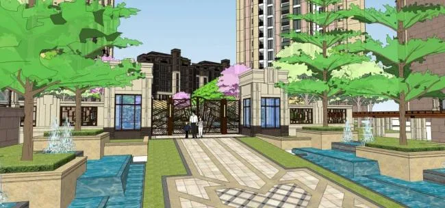 Sketchup Residential Model | High rise residential building, community, neoclassical style, entrance landscape, commercial podium, residential building
