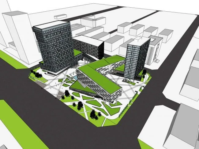SketchUp Complex Model: Multi-Story High-Rise Mixed-Use Building with Modern Commercial Podium, Hotel, and Office Spaces