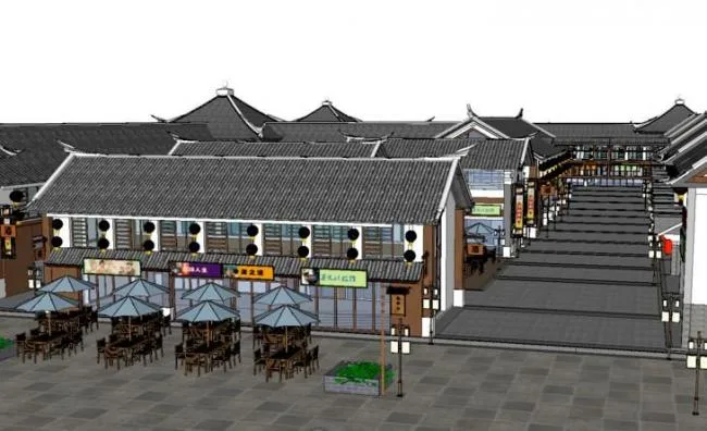 Sketchup Business Model | Multi story Commercial Street, Chinese Style, Ancient Architecture