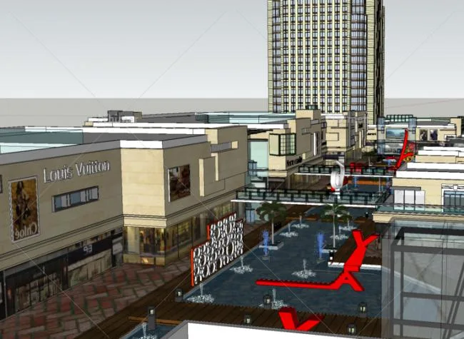 Sketchup Complex Model | Multi story mixed use complex, multi story commercial street, water features, high-rise apartments, modern style