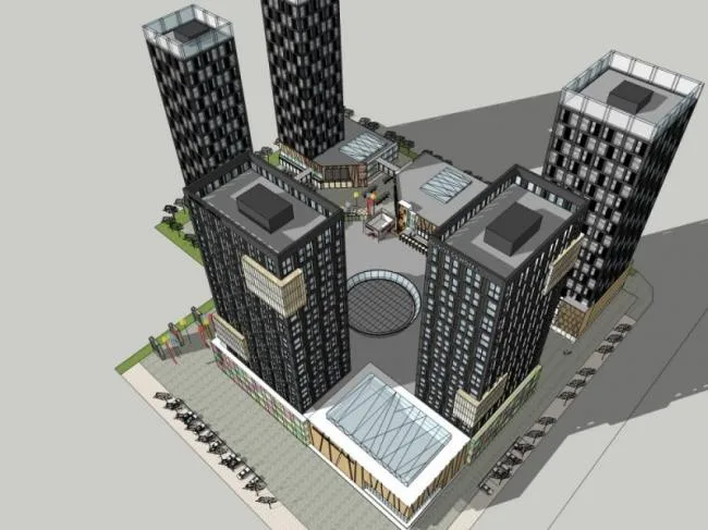 SketchUp Complex Model: Multi-Story Commercial, Residential, and Office Building in Modern Style