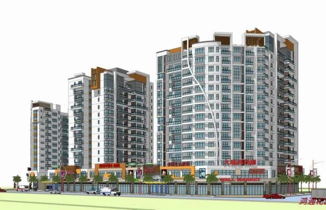 Sketchup Residential Model | High rise residential complex, modern style, residential building, street side commercial, podium
