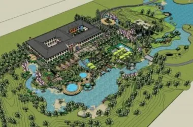 Classical Multi-Story Resort Hotel SketchUp Model with Waterfront Landscape-BIM WORLD