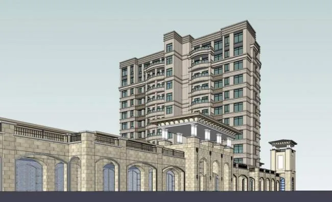 Sketchup Residential Model | High rise residential community, street side commercial, ground floor commercial, residential building, neoclassical style