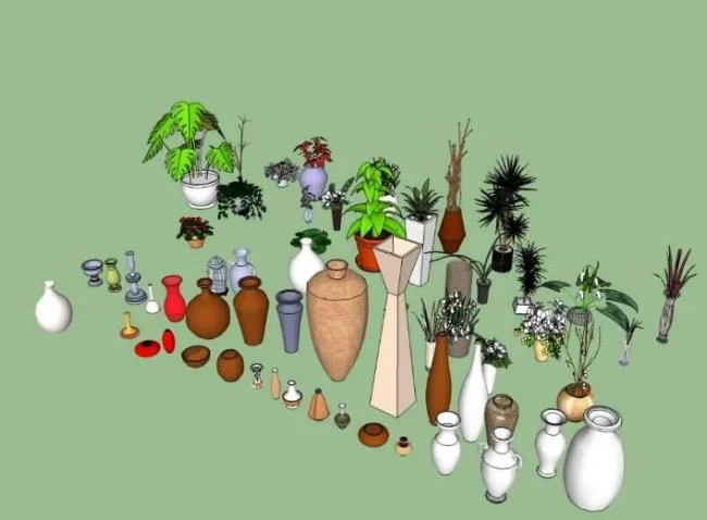 SketchUp Material Models: Ceramic Jar, Flower Bowl, and Vase Components