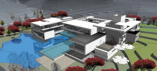 Sketchup Business Model | Multi story clubhouse, resort, landscape, dam, commercial building, modern style