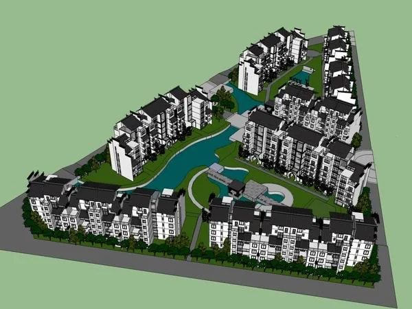 Modern Multi-Story Residential Community in Chinese Style | SketchUp Model