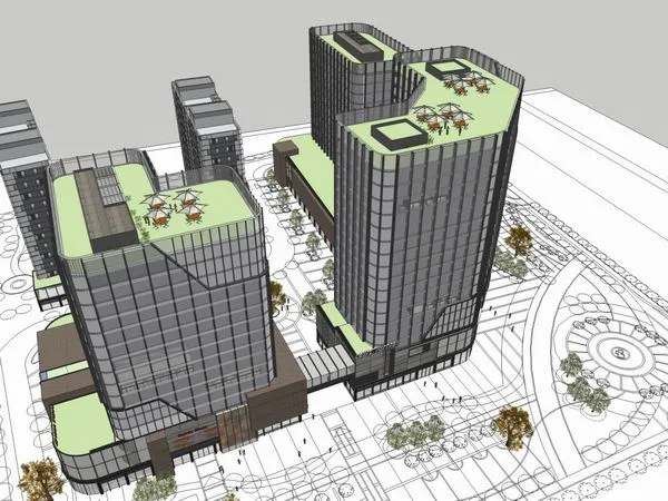 SketchUp Complex Model: Modern Multi-Story High-Rise with Offices, Residential Apartments, and Ground-Floor Commercial Spaces