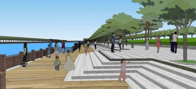 Sketchup Landscape Model | Large scale waterfront park landscape, bridge, urban sketch, single story, Chinese style, riverside