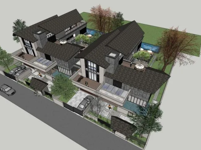 Sketchup Villa Model | Twin Villa, Modern Chinese Style
