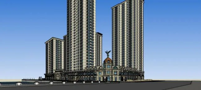 SketchUp Residential Design: High-Rise Community with European-Style Entrance, Landscape Pavilion, Mixed-Use Buildings, and Classical Architecture