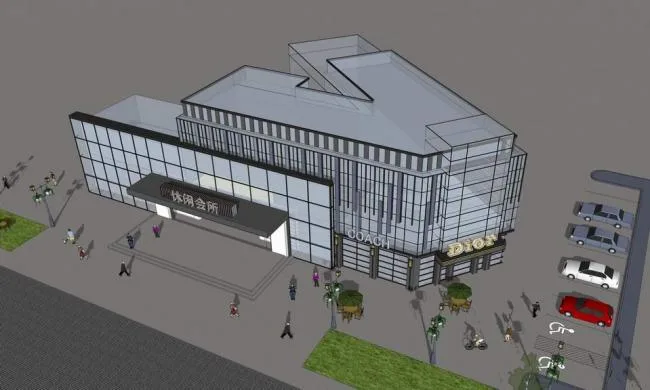 SketchUp Business Model: Multi-Story Leisure Club with Modern Facade and Corner Commercial Space