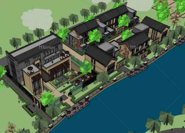 Sketchup Business Model | Multi story Commercial Street, Waterfront, Chinese Style, Ancient Architecture