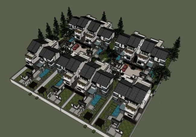 Huizhou-Style Villa Models in SketchUp: Sloping Roofs, Courtyards, and Row Houses with Traditional Chinese Design