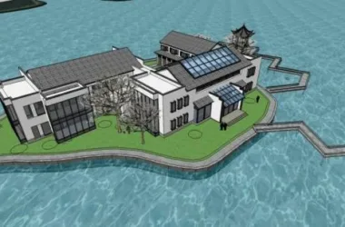 SketchUp Business Model: Multi-Story Lakefront Club with Chinese-Style Pavilions and Commercial Buildings-BIM WORLD