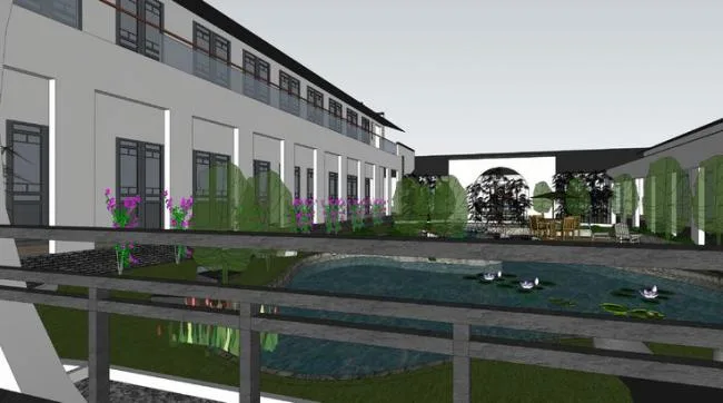 Sketchup Hotel Model | Multi story hotel with enclosed corridors, courtyards, Huizhou style architecture, Chinese style