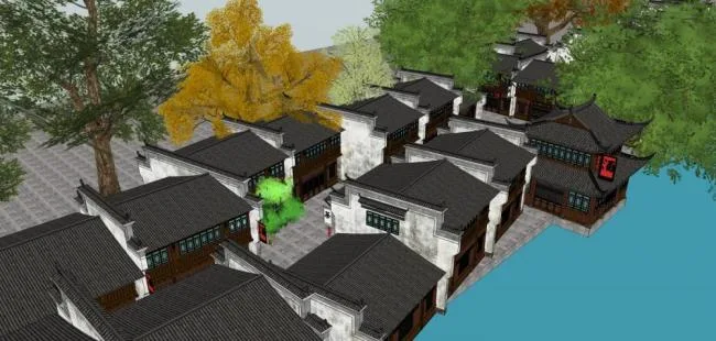 Sketchup Business Model | Multi story commercial ancient street, Huizhou style, Chinese style