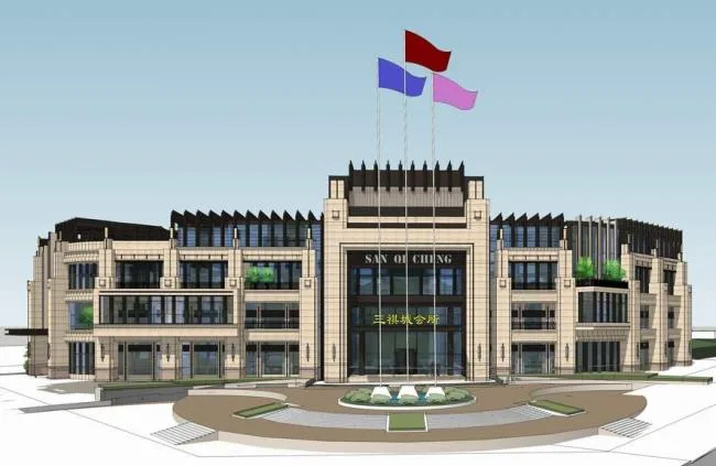 Sketchup Business Model | Multi story corner sales office, commercial club, simple European style, French classical style, European style