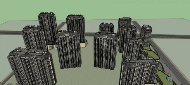 SketchUp Model of a Neoclassical High-Rise Residential Community with Ground-Floor Retail and Commercial Pedestrian Street