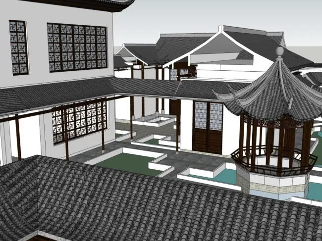 SketchUp Model of Traditional Chinese Multi-Story Courtyard with Gray Tiles and White Walls