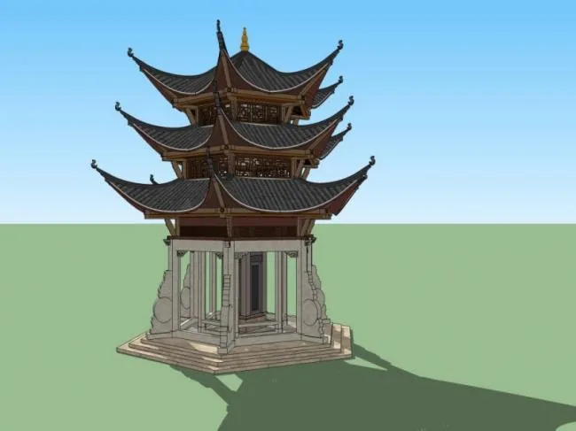 Sketchup Sketch Model | Pavilion, Hexagonal Ancient Pavilion, Ancient Architecture, Chinese Style, Sketch