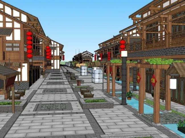 SketchUp Business Model: Multi-Story Chinese-Style Commercial Pedestrian Street