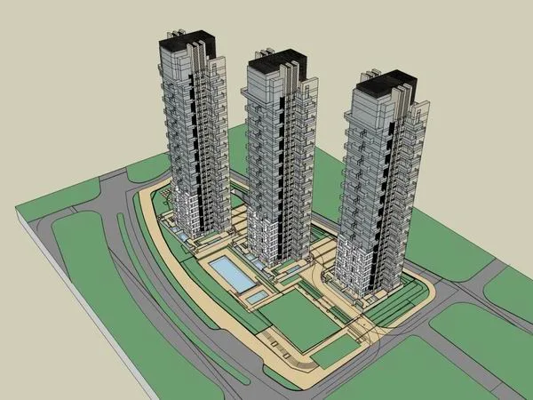 Sketchup Business Model | High rise apartment residential building, modern style, 28 floors