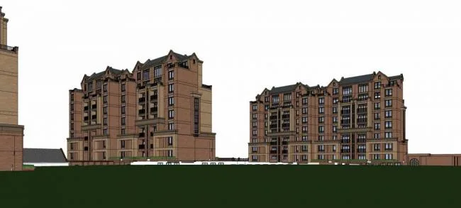 Sketchup Residential Model | Multi story residential community, residential building, shopping mall, commercial podium, English style, sloping roof, small high-rise, classical style
