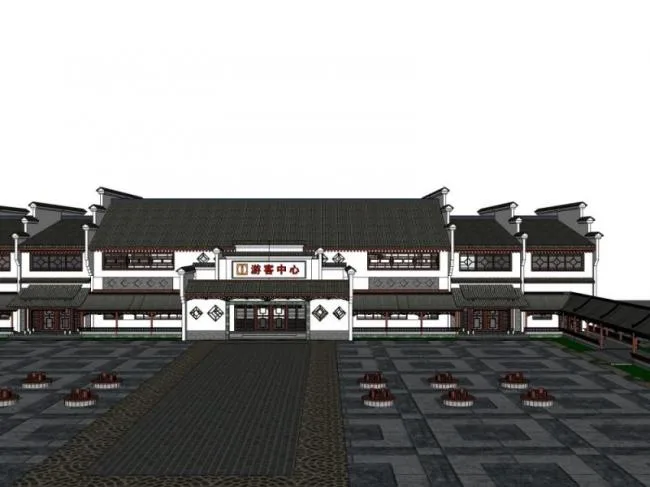 SketchUp Business Model: Modern Low-Rise Visitor Center with Chinese Design