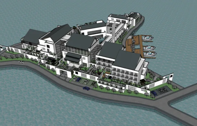 Sketchup Business Model | Huizhou style sales office, clubhouse, new Chinese style, vacation center, waterfront landscape, commercial building