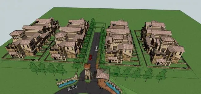 European-Style Multi-Story Townhouse Residential Model with Landscape and Tower Entrance