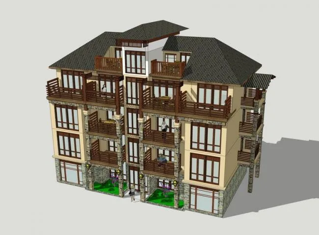 SketchUp Residential Model: Multi-Story Southeast Asian Style Villa and Apartment Building