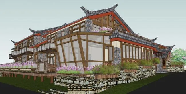 Sketchup Residential Model | Multi story Residence, Chinese Style, Ancient Town Grass Residence, Residential Architecture
