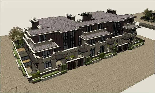 Sketchup Villa Model | Grassland Style Long Wind Villa Row, Classical Style, Residential Architecture