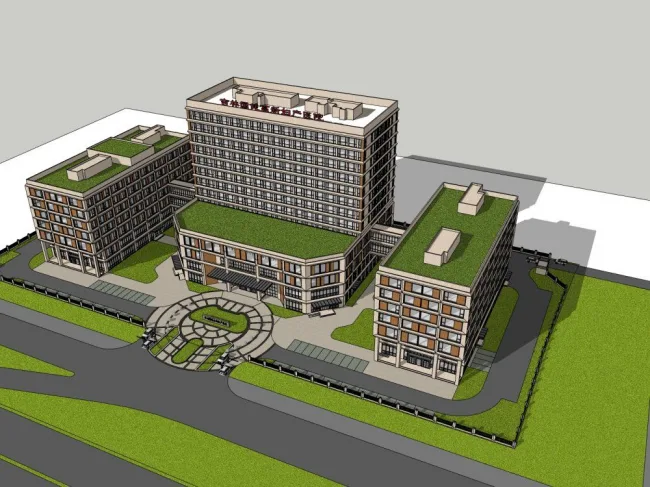 Modern Multi-Story Hybrid Hospital Model in SketchUp