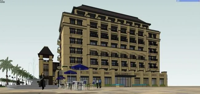 SketchUp Business Model: Multi-Story Mediterranean European-Style Commercial and Leisure Building in Spain