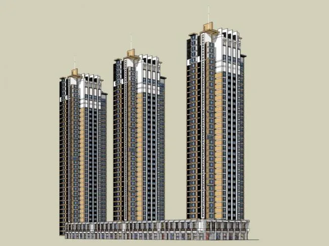 Sketchup Residential Model | High rise residential building, modern style, bottom commercial, 33 floors